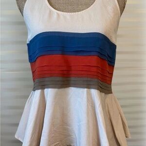 Sleeveless Pleated Stripe Peplum Top in Ivory with Blue, Red, and Gray Bands